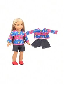 1套18英寸娃娃服裝,色彩繽紛的長袖上衣和牛仔短褲套裝,適用於18英寸美式娃娃（娃娃和娃娃鞋不包括） - 霧霾藍 - 查看 1