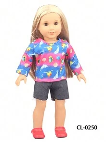 1套18英寸娃娃服裝,色彩繽紛的長袖上衣和牛仔短褲套裝,適用於18英寸美式娃娃（娃娃和娃娃鞋不包括） - 霧霾藍 - 查看 3