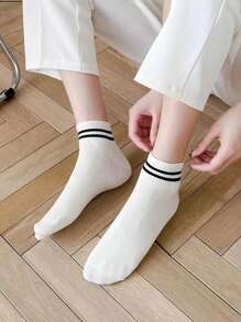10pairs/Set Women's Black & White Double Stripe Simple And Versatile Short Socks For School And Sports