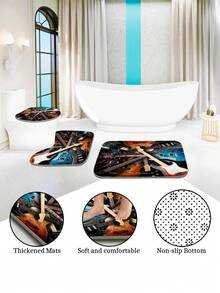 1pc/4pcs Guitar Lover Multifunctional Decorated Bathroom Set, Including Shower Curtain, 12 Hooks, Non-Slip Mat, U-Shaped Mat, Circular Toilet Lid Cover, Suitable For All Bathroom Scenes - Multicolor - View 8
