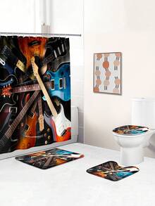 1pc/4pcs Guitar Lover Multifunctional Decorated Bathroom Set, Including Shower Curtain, 12 Hooks, Non-Slip Mat, U-Shaped Mat, Circular Toilet Lid Cover, Suitable For All Bathroom Scenes - Multicolor - View 4