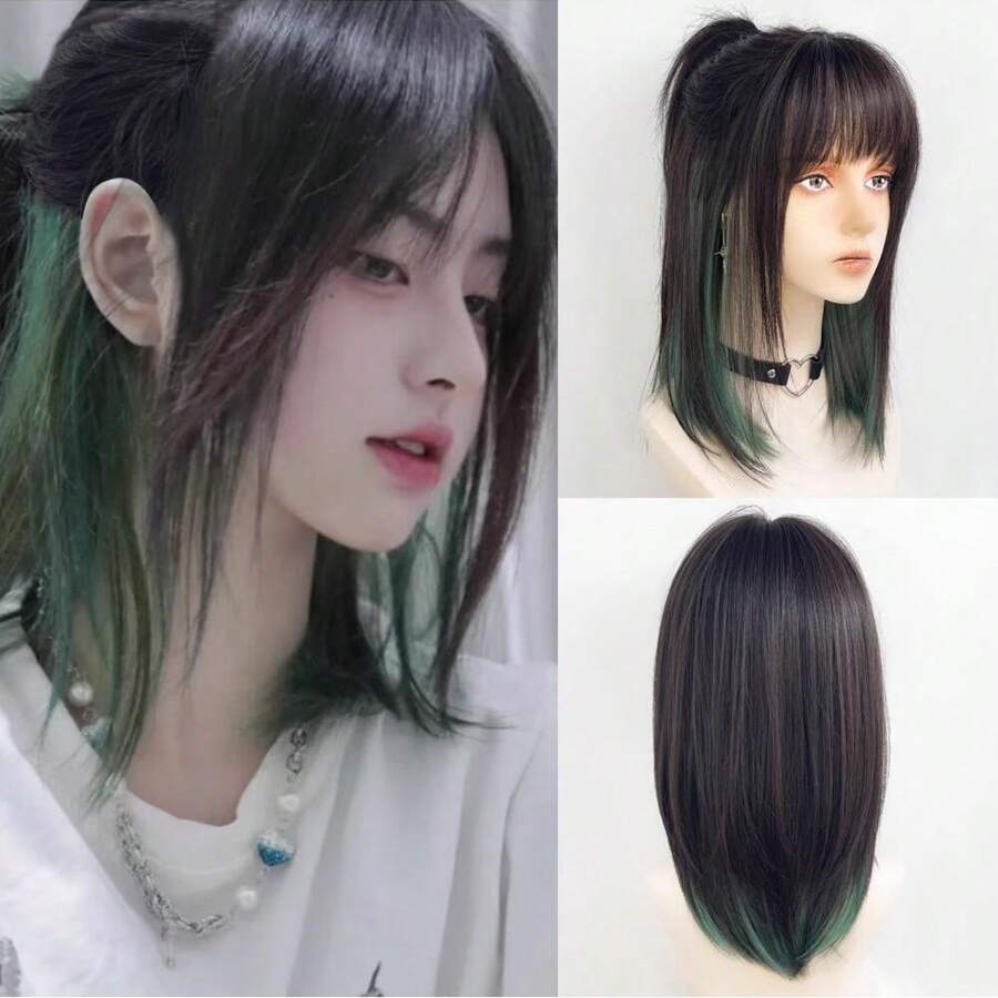 黑色和綠色混色頭男士和女性短人造假髮直筒Anime日常角色扮演派對假髮 - 黑色 - 查看 1