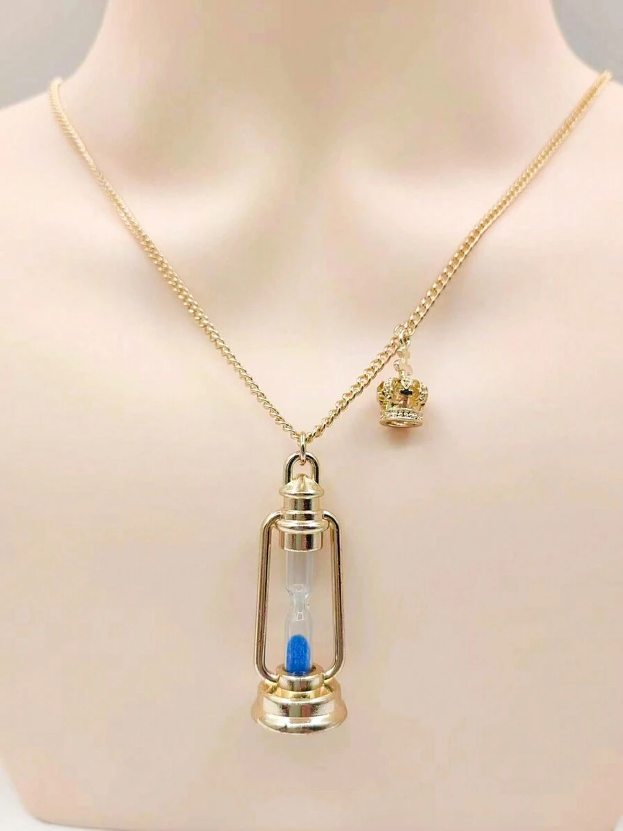 1 件復古沙漏吊墜項鍊,男女通用休閒時尚油燈鏈項鍊 - 藍色 - 查看 1