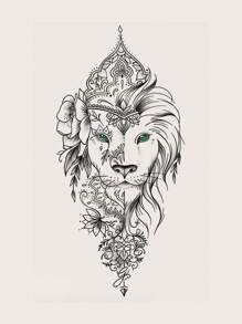 1入組黑色臨時紋身貼紙,採用動物和花卉雙拼圖案,適用於手臂、胸部、腹部和背部 - 黑色 - 查看 2