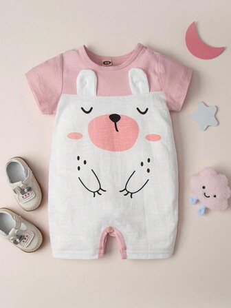 3D立體動物表情印花彩色連身衣，適用於女嬰，夏季