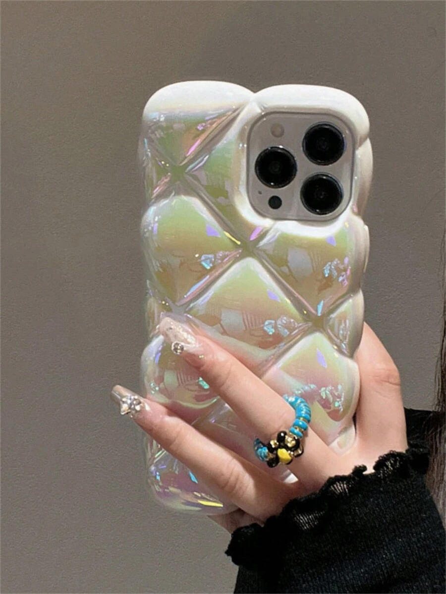 Plating Laser Aurora Rhombus Phone Case Compatible With Iphone 16 15 14 13 12 11 Pro Max 16Plus 3D Geometric Pattern Shockproof Clear Soft Cover