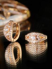 1pair Women's Fashion Jewelry Gold-Plated Copper & Rhinestone Inlaid Geometric Circle Earrings - Gold - View 4