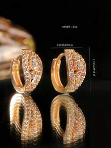 1pair Women's Fashion Jewelry Gold-Plated Copper & Rhinestone Inlaid Geometric Circle Earrings - Gold - View 3
