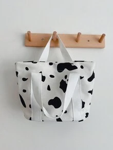 Cow Pattern Printed Handbag Lunch Bag - Black and White - View 3