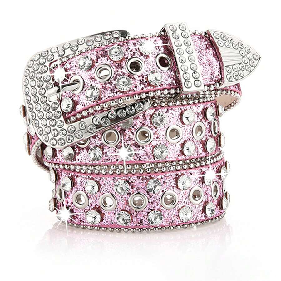 Y2K Studded Rhinestone Embedded Shiny Belt, Suitable For Party, Casual, Street, Holiday And Daily Wear Summer, School Fall, Autumn, Halloween - Pink - View 1