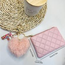 1入心形毛球字母鑰匙扣錢包便攜式旅行小拉鍊珠寶收納袋女性短式信用卡收納包大容量錢包字母首字母鑰匙扣可愛的毛絨絨鑰匙包包字母首字母A-Y情人節禮物熱粉紅色錢包 - 粉色 - 查看 8