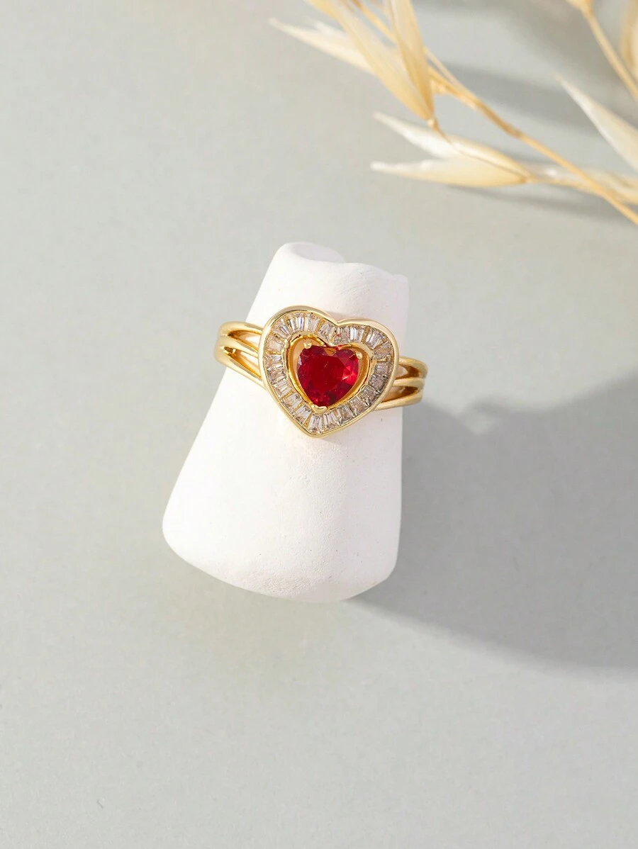 MESTILO 1個情人節紅銅鍍層紅色人造水晶開口心形戒指,適合女孩約會禮物 - 金色 - 查看 1