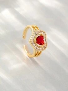 MESTILO 1個情人節紅銅鍍層紅色人造水晶開口心形戒指,適合女孩約會禮物 - 金色 - 查看 2