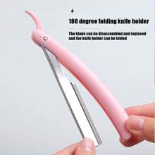 1把可折疊的專業眉毛剃刀,附贈1盒不銹鋼刀片,安全的初學者和美容師化妝工具套裝 - 粉色 - 查看 4