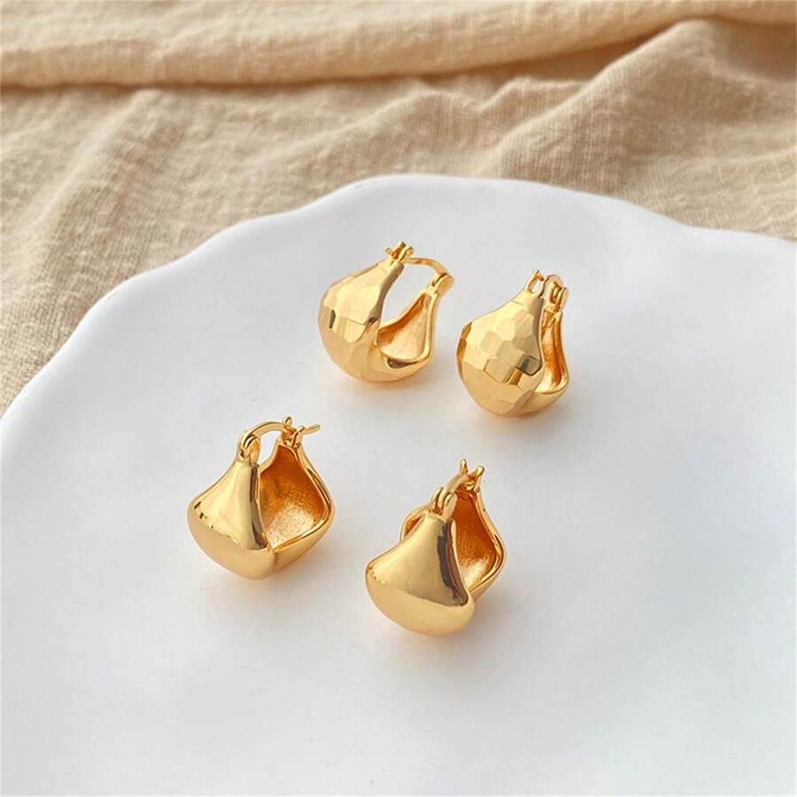 1對復古銅鍍18k金鎚紋光滑流淚型耳環,適合女性日常佩戴 - 錘紋 - 查看 1