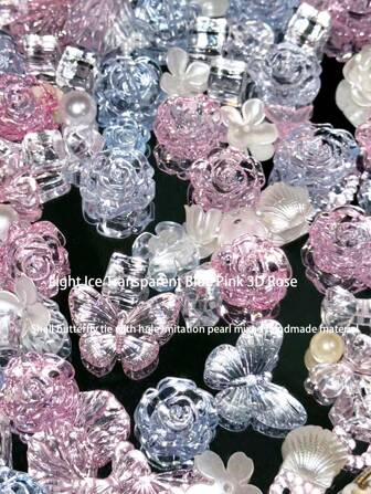 一袋70g浅色冰透明蓝粉色立体玫瑰花非常清晰，可以制作手工手链，手机壳，项链，珠宝，耳环，装饰手册，道具，拍摄装饰，装饰卡片等。您可以制作自制礼物送给朋友，穿孔多功能珠宝和装饰道具情人节