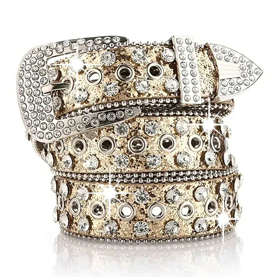 Cinturón brillante con remaches y adornos de rhinestone en estilo Y2K, apto para fiestas, uso casual, calle, vacaciones y uso diario - Dorado - Ver 1