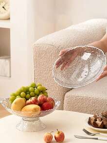 1pc Ripple Pattern Clear Fruit Plate Candy Dish Snack Tray For Living Room Reception Room With Detachable Draining Basket - Transparent - View 5