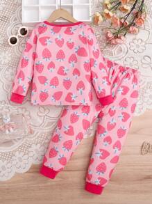 Young Girls' Cute And Casual Strawberry Printed Long Sleeve T-Shirt And Pants Set For Spring/Summer - Multicolor - View 2