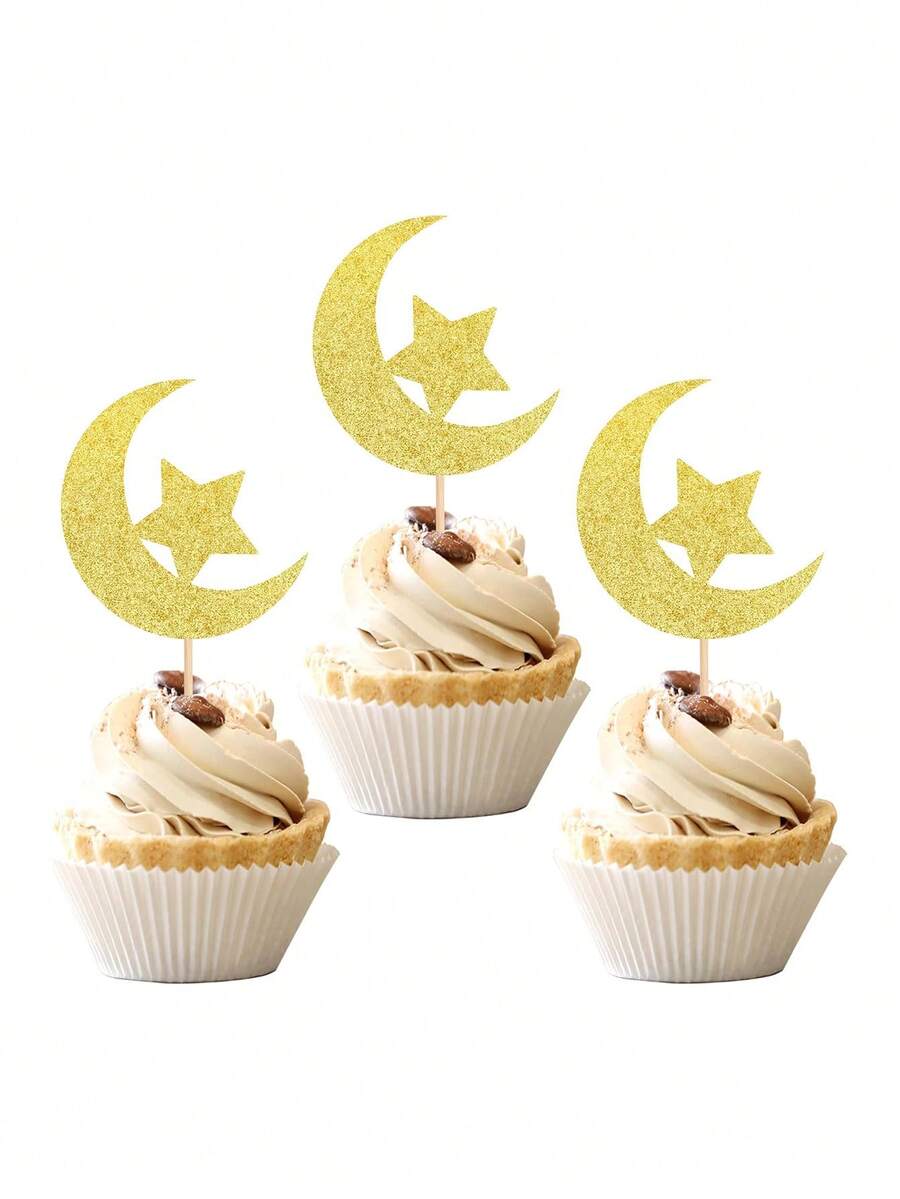 15PCS Mubarak Cupcake Toppers Gold Glitter Moon Star Kareem Cupcake Picks Decorations For Islamic Theme Party Supplies Cake Decorating Cake Topper Cake Decorations Cake Decor Cake Decorating Tools - Gold - View 1