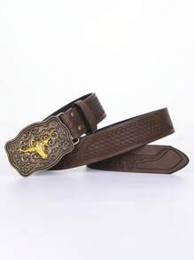 復古西式壓花皮帶 - 卡其色 - 查看 3