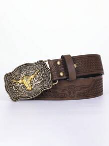 復古西式壓花皮帶 - 卡其色 - 查看 4