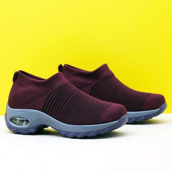 Women's Purple Knit Slip-On Shoes, Slouchy Shoes, Dance Shoes, Air Cushion Shock Absorbing Casual Sports Shoes, Embroidery Decorated