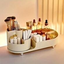 1pc:Large Capacity Makeup Brush Holder, 360° Rotating Makeup Perfume Organizer,Makeup Brushes Cup Tray For Vanity Decor Bathroom Countertops Cosmetic Desk Storage Container Display Case.1pc Multi-Grid Desktop Storage Box,  Rotatable Makeup Box For Household.