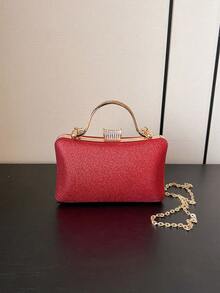 1個女性紅色鏈帶肩袋,閃亮硬殼設計,可用作斜挎手袋,適合裝口紅,化妝品,晚宴派對酒吧等場合 - 紅色 - 查看 3