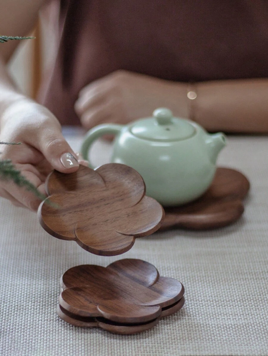6pcs/4pcs/3pcs/2pcs/1pc Japanese Black Walnut Wood Flower Shaped Coasters, Creative Round Tea Cup Coffee Cup Mat, Suitable For Dining Table Decor, Boho Kitchen Living Room Coasters