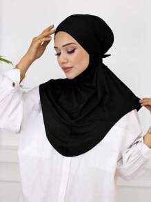 1pc Ladies' Solid Color Convenient Tie-Up Muslim Hijab Ready To Wear Instant Hijabs - Black - View 8