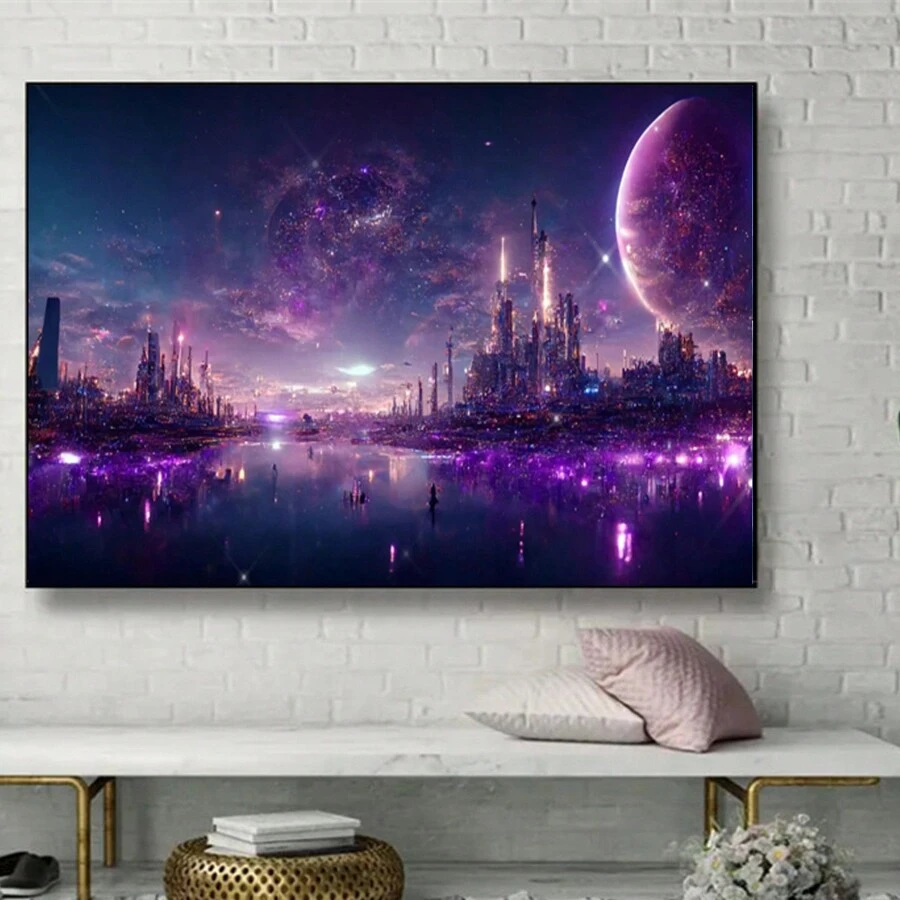 5d Diy鑽石畫,圓形鑽石,星空風景,市區天際線和海邊風景,不帶畫框的壁飾工藝品,一件家居禮品 - 彩色 - 查看 1