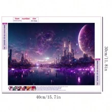 5d Diy鑽石畫,圓形鑽石,星空風景,市區天際線和海邊風景,不帶畫框的壁飾工藝品,一件家居禮品 - 彩色 - 查看 2