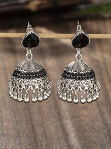 A Pair Of Retro Stud Earrings With Small Water Drop-Shaped Designs, Set With Diamonds And Adorned With Bells, Suitable For Ladies To Wear In Daily Life.