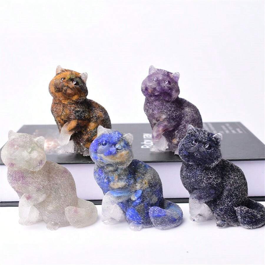 1PC Cat Handmade Decorations Resin Natural Stone Tiger Eye Blue Gold Amethyst Fluorite Blue Sand Stone Cute Cat Home Decoration Crafts Statue Room Living Room Desktop Office Decoration Gift - Apricot - View 1