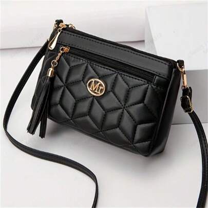 Bolsa de Ombro Estampa de Diamante com Impressão de Letras e Decoração com Borla, Ombro, Estilo Sofisticado, Bolsa Transversal Feminina de Grande Capacidade