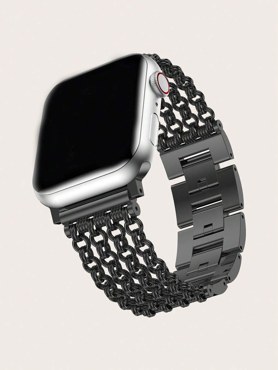 1pc Metal Four-Link Strap Compatible With Apple Watch Ultra/Se/8/7/6/5/4/3/2/1, Suitable For 38/40/41/42/44/45/49mm - Black - View 1