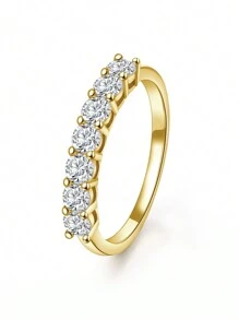 ELSEDES 1pc Fashionable Simple Silver Rhinestone Studded Multiple Facets Sparkling Cubic Zirconia Ring For Festival, Dating And Daily Wear Wedding Engagement Bridal Jewelry - Gold - View 1