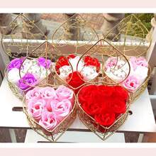 6pcs Heart-Shaped Rose Soap Flowers In A Hollow Iron Basket For Wedding Decoration, Birthday, And Gift - Multicolor - View 4