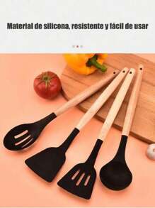 12 Pieces Kitchen Utensils With Buckets Wooden Handle Storage Buckets Non-Slip Kitchen Tools Silicone Spoons - Black - View 6