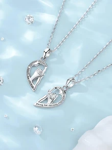 2pcs Heart-Shaped Hand-In-Hand Necklace Bff Couple Pendant Friendship Necklace, Valentine's Day - Silver - View 3