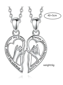 2pcs Heart-Shaped Hand-In-Hand Necklace Bff Couple Pendant Friendship Necklace, Valentine's Day - Silver - View 5