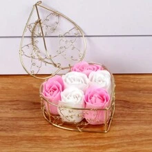 6pcs Heart-Shaped Rose Soap Flowers In A Hollow Iron Basket For Wedding Decoration, Birthday, And Gift - Multicolor - View 16