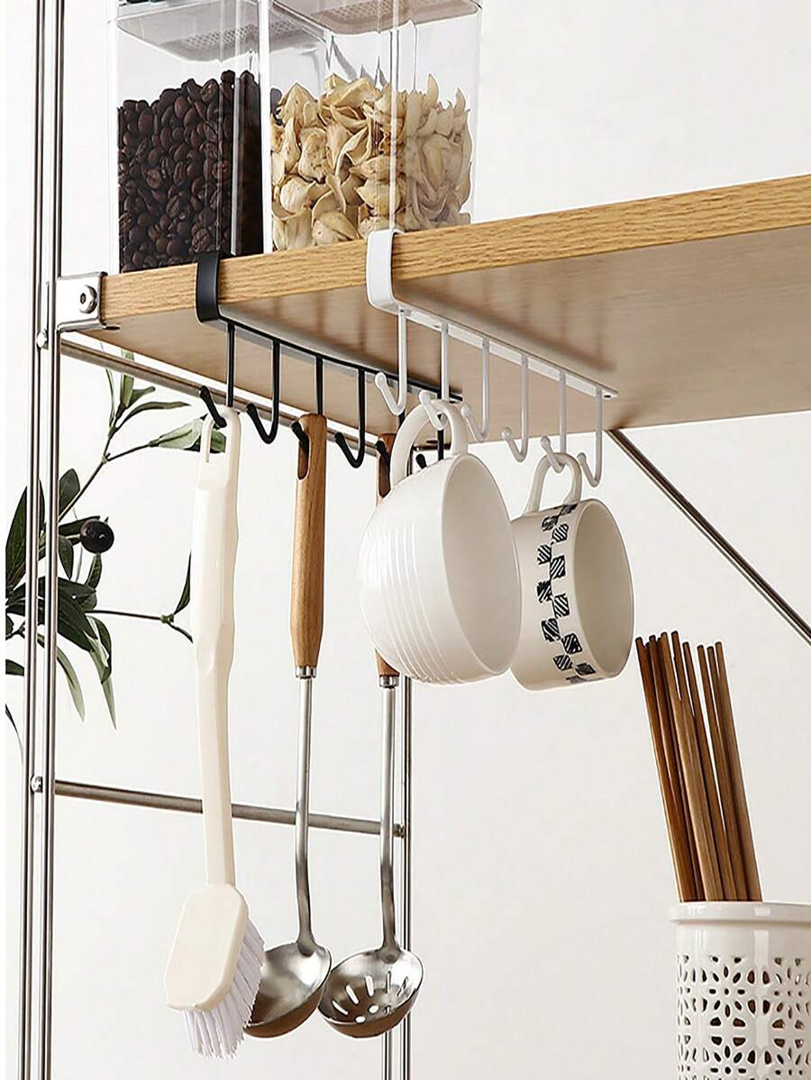 1pc Multifunctional White Shelf Cup Holder With 6 Hooks, Suitable For Various Scenes Such As Kitchen, Bedroom, Etc. - White - View 1