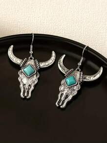 1pair European & American Vintage Western Cowboy Style Alloy Cattle Head & Turquoise Inlay Texture Dangle Earrings For Women - Multicolor - View 2