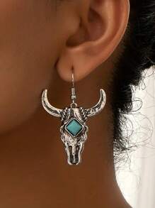 1pair European & American Vintage Western Cowboy Style Alloy Cattle Head & Turquoise Inlay Texture Dangle Earrings For Women - Multicolor - View 1