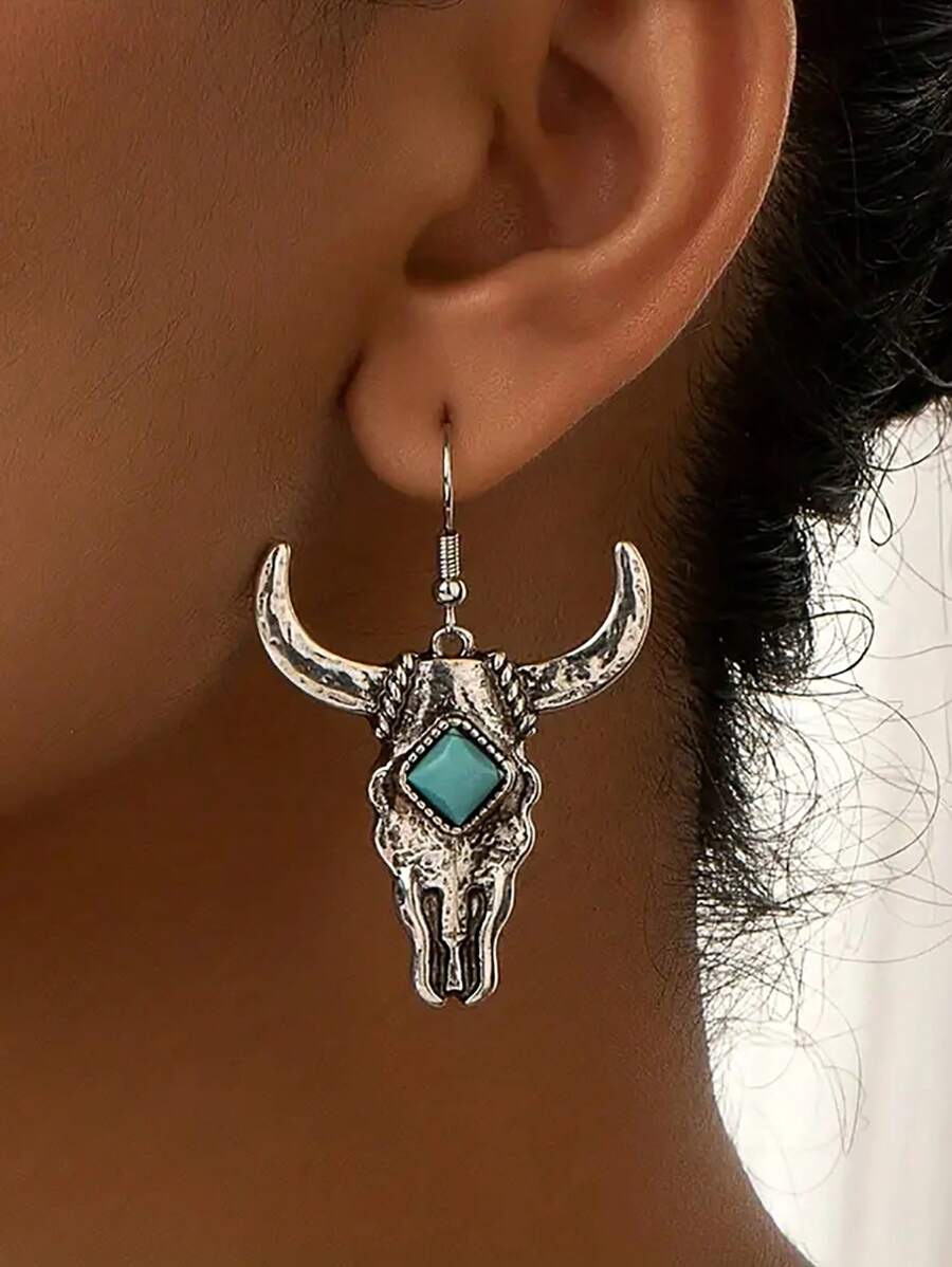 1pair European & American Vintage Western Cowboy Style Alloy Cattle Head & Turquoise Inlay Texture Dangle Earrings For Women - Multicolor - View 1