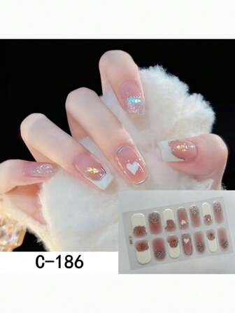 白色心形法式3D美甲貼紙組，14顆指甲專用，可拆式指甲油薄膜貼紙美甲貼紙DIY