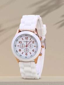 1只白色 Pu 矽膠錶帶圓形指針石英手錶適合女孩、學生,適用於派對和禮物 - 白色 - 查看 1