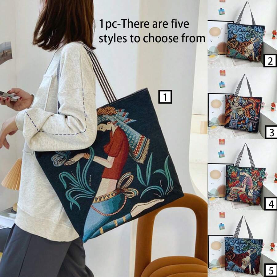 1入女孩刺繡復古時尚帆布肩袋,最佳親友禮物,有五種款式可選擇,超大容量,時尚單品 - 彩色 - 查看 1